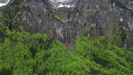 waterfall cascades from rocky cliff of alps adorned by forest,switzerland