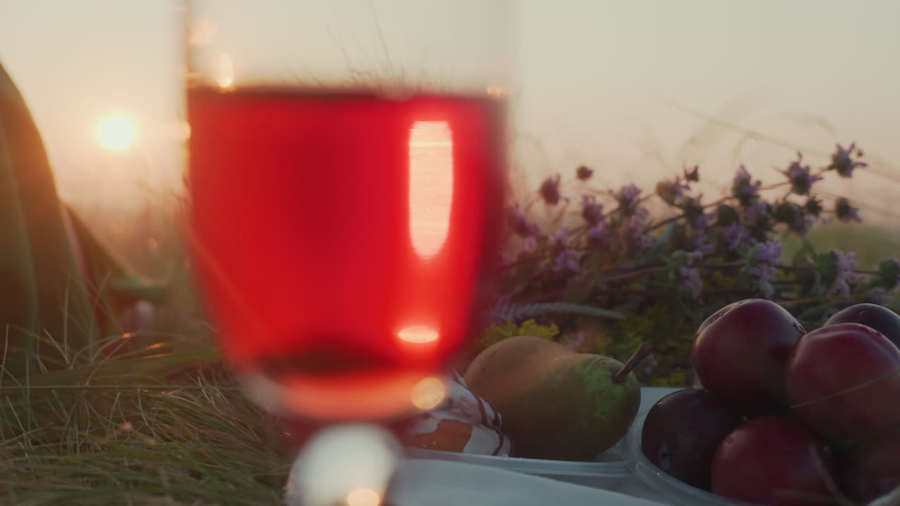 Close up of woman hand gently placing plum back onto stack of fresh fruits during golden hour picnic, with blurred wine glass, sweet pastry, pear, and wildflowers in warm natural outdoor setting