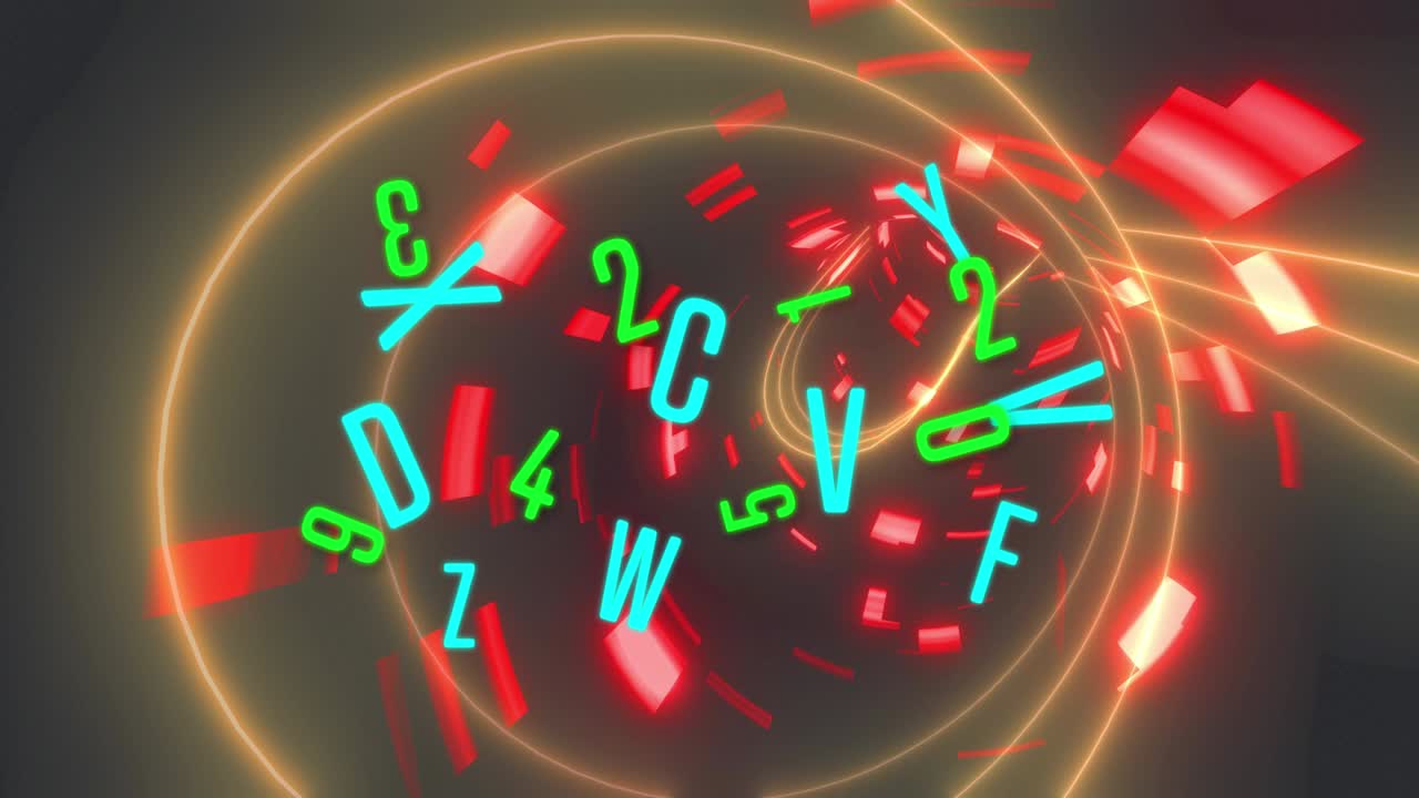 빛나는 터널 위에서 바뀌는 숫자와 글자의 애니메이션