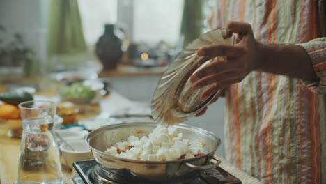 indian culinary blogger preparing paneer with spiced tomato sauce in pan