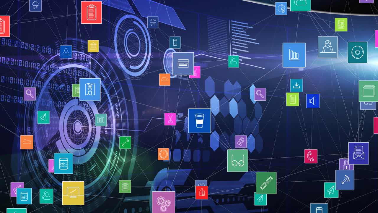 백그라운드에서 데이터 처리를 통해 디지털 아이콘으로 연결 네트워크의 애니메이션