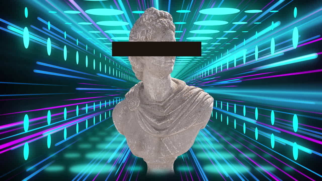 animación de una escultura antigua sobre senderos de luz de neón verde y azul