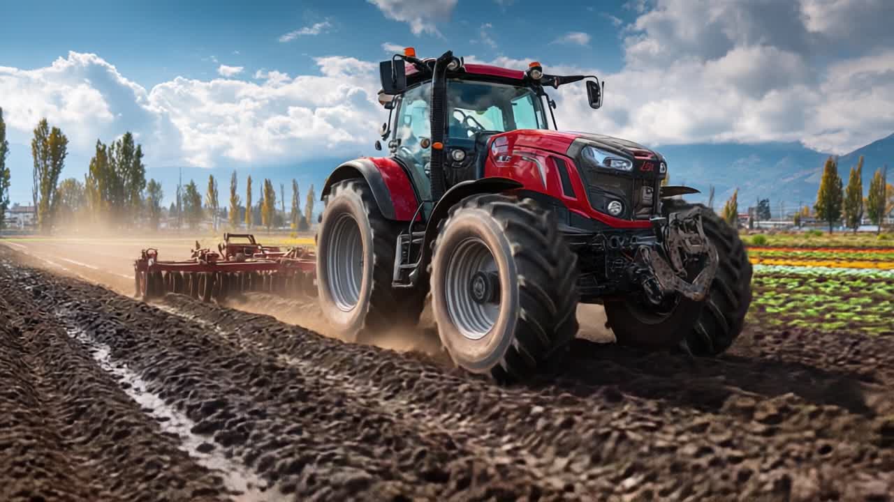 Un potente trattore rosso al lavoro nel campo, che coltiva il terreno e si prepara per la semina sotto un cielo maestoso pieno di nuvole e luce solare