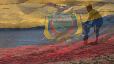 animation of flag of ecuador over caucasian mother with child at beach