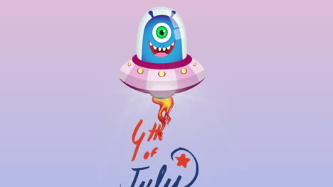 animación del texto del 4 de julio con allien sonriente sobre fondo púrpura