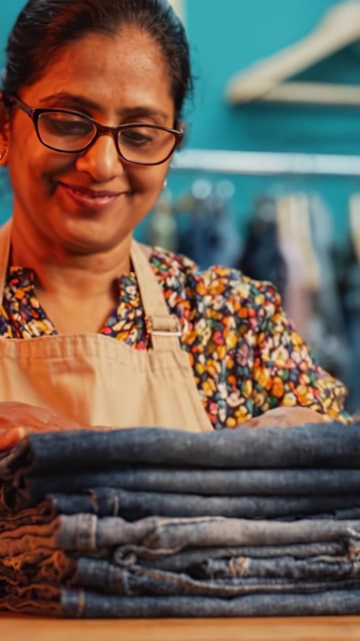 Una donna dedita piega e organizza meticolosamente una pila di jeans in denim, mostrando la sua attenzione ai dettagli e la sua passione per il suo mestiere e la gestione dei tessuti
