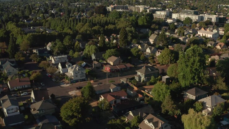 Vista aerea sopra un quartiere verde nel nord-est di Portland, Oregon.