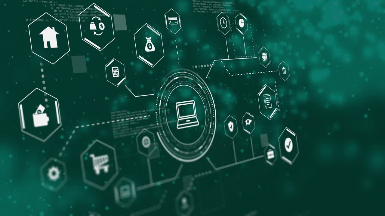 animación de la red de conexiones con íconos y procesamiento de datos sobre puntos en fondo negro