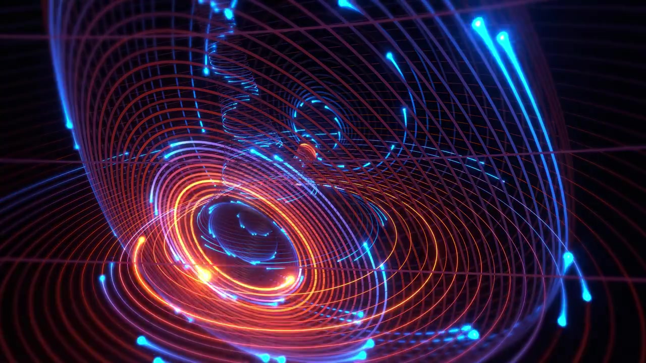 Abstract futuristic glowing blue and orange data flow vortex