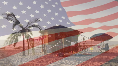 animation of american flag waving over wooden bar hut on the beach