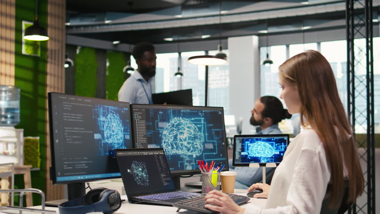 Female Programmer In Office Integrating Ai Machine Learning Systems