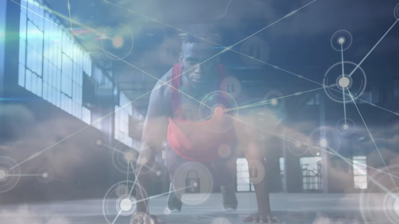 아프리카계 미국인 남자가 푸시업을 하는 구름이 있는 연결 네트워크와 하늘의 애니메이션