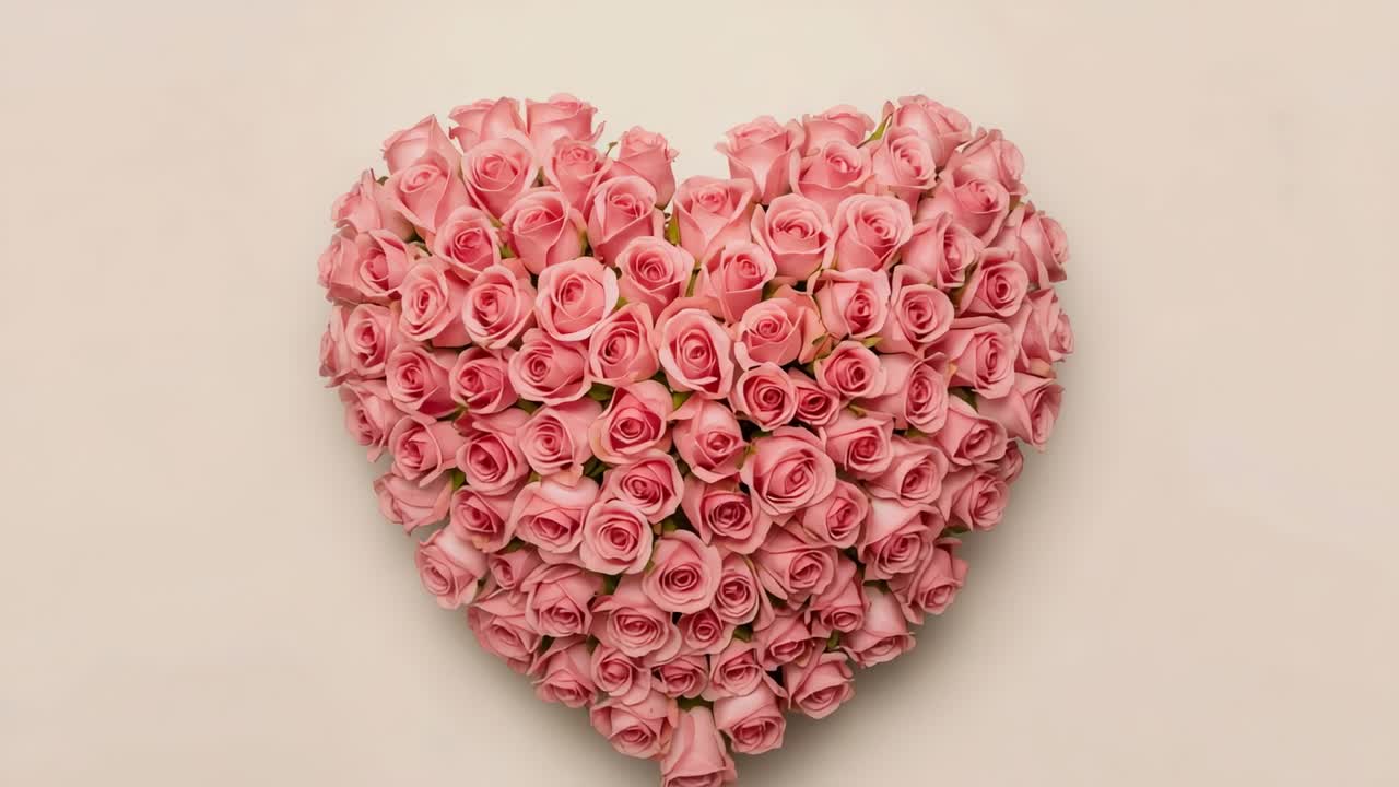 Câmera aproximando e movendo-se para cima em direção a uma parede bege clara, destacando o detalhe de uma rosa rosa em formato de coração