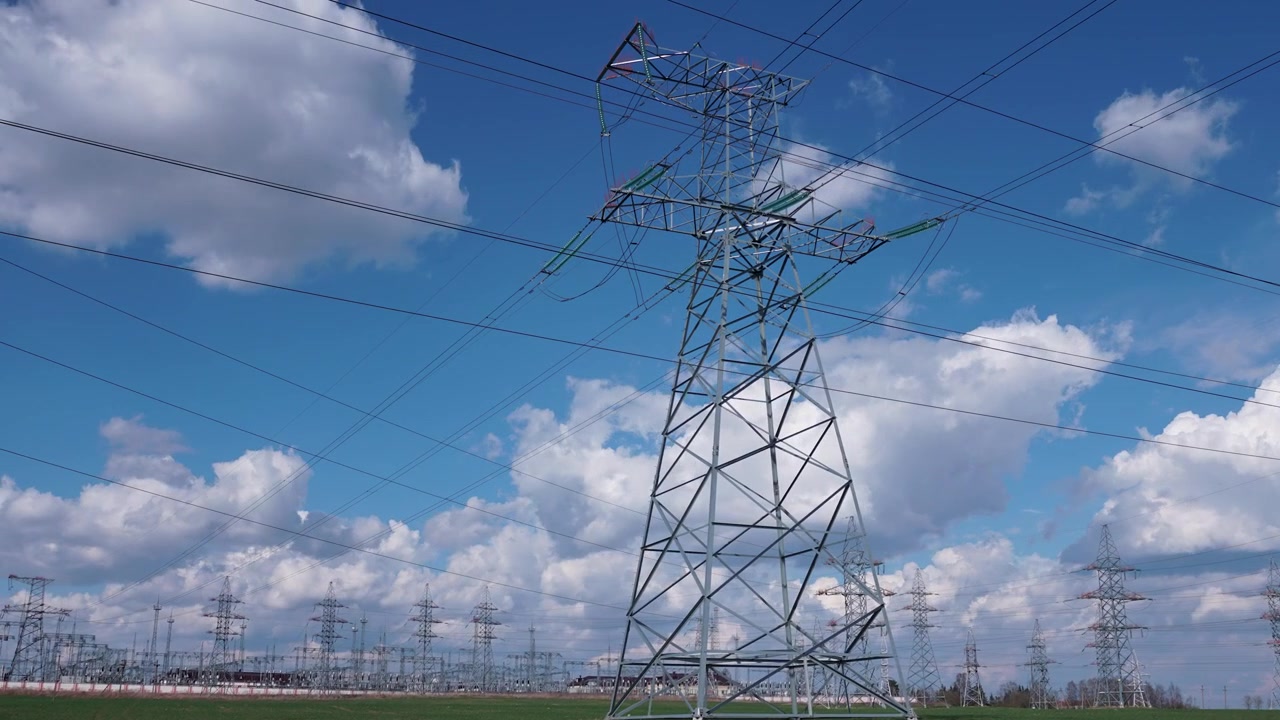 High Voltage Power Transmission Tower in Electrical Substation