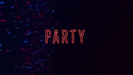 animation of party text banner over glowing blue and pink particles against black background