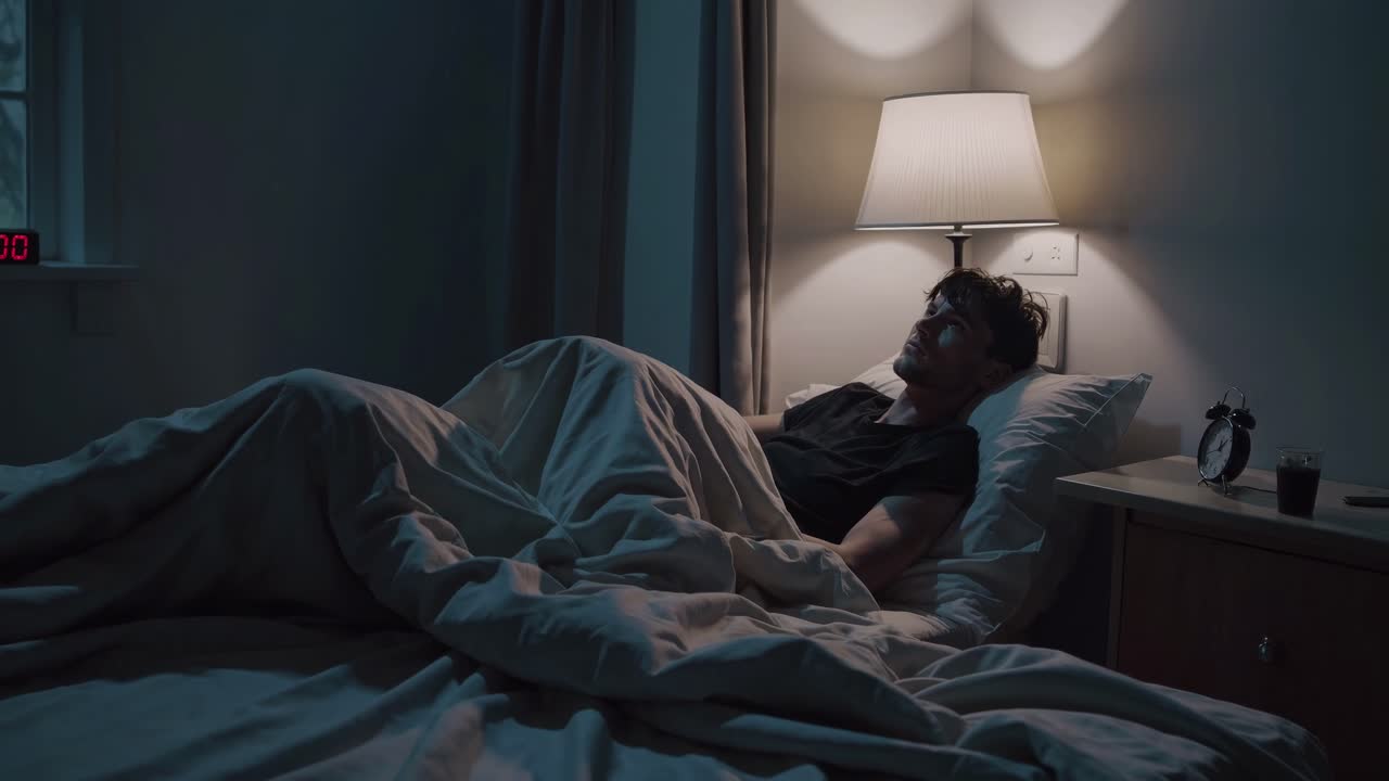 A man in bed, dimly lit by a bedside lamp, gazes thoughtfully. The video captures a side angle