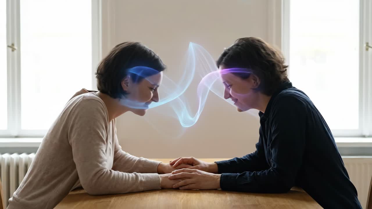 Two Women Connecting with Telepathic Energy Waves