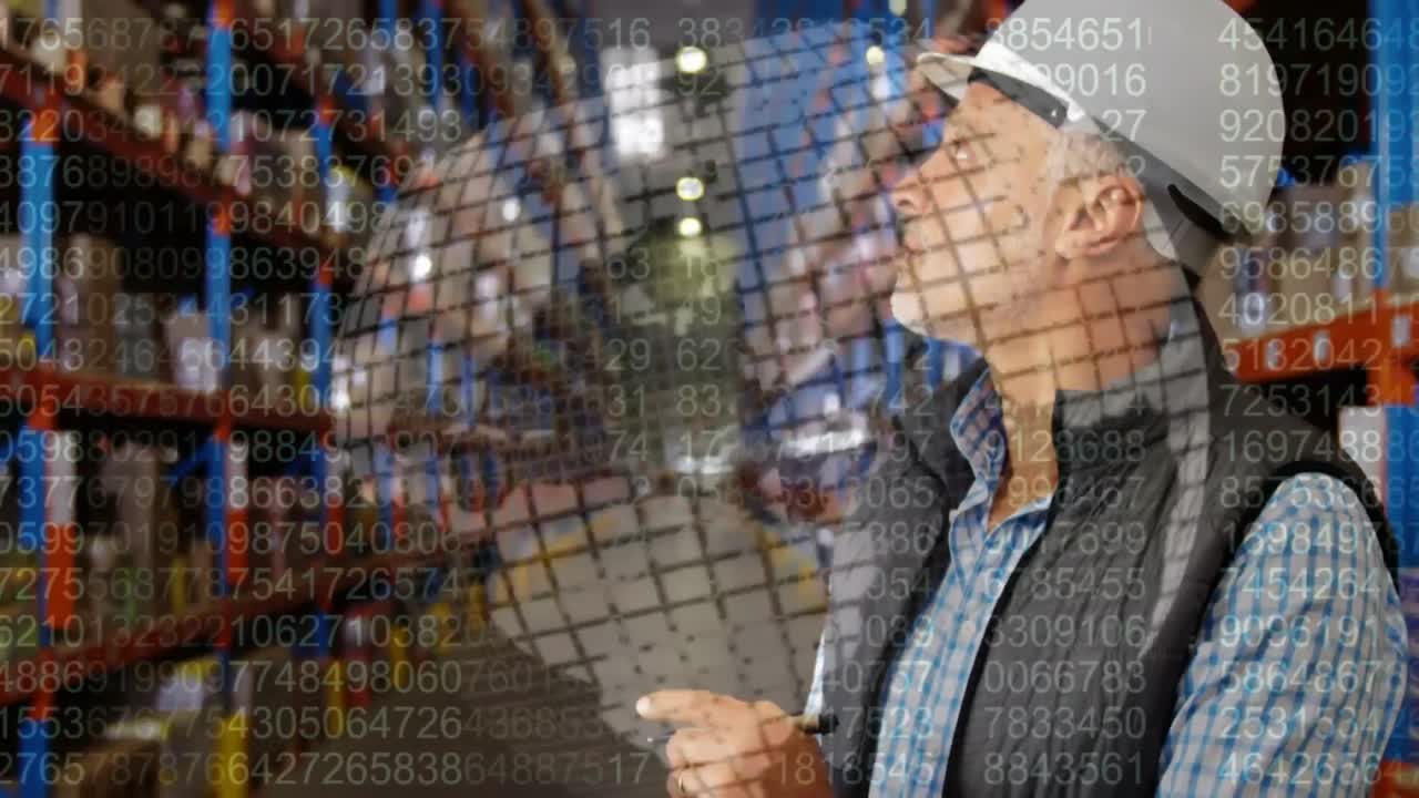 Animation of data processing over male warehouse worker