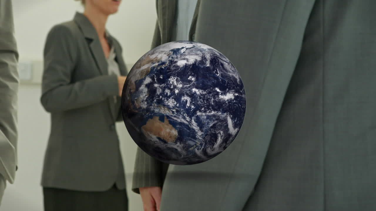 animación del globo sobre el apretón de manos del hombre de negocios