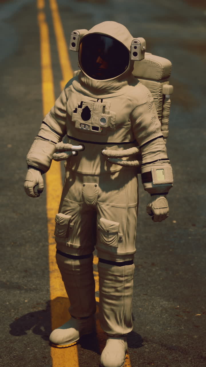 Menjelajahi jalanan surealis bersama seorang astronot di lanskap perkotaan