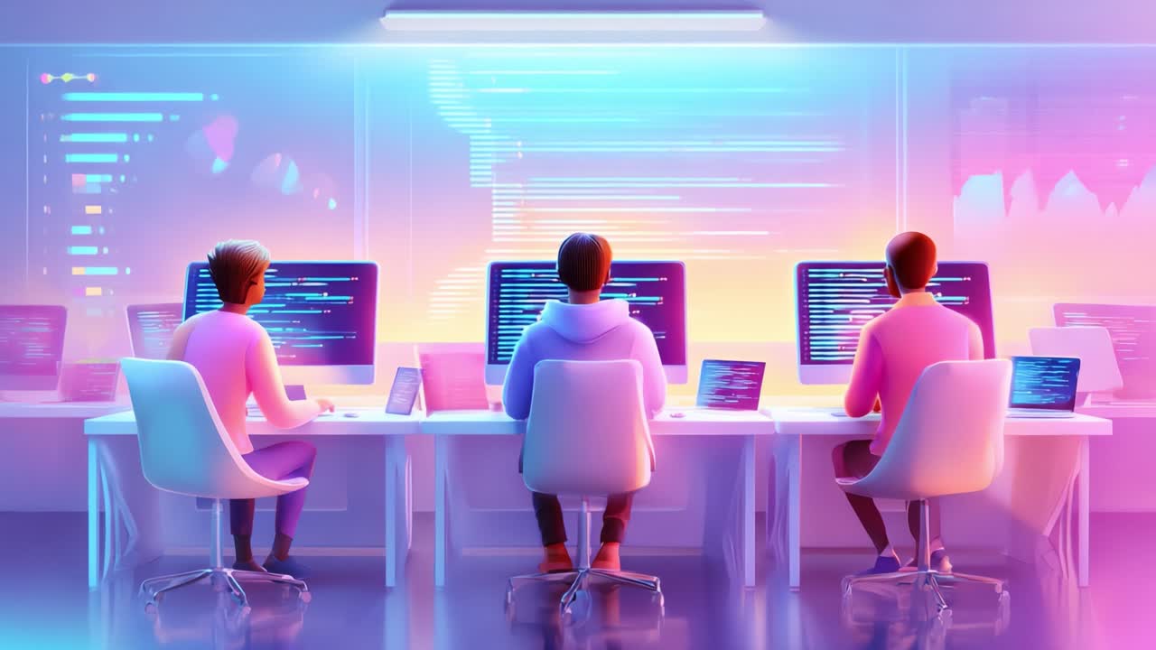 A dynamic and vibrant workspace featuring three individuals focused on coding and data analysis, surrounded by multiple screens displaying colorful graphs and statistics