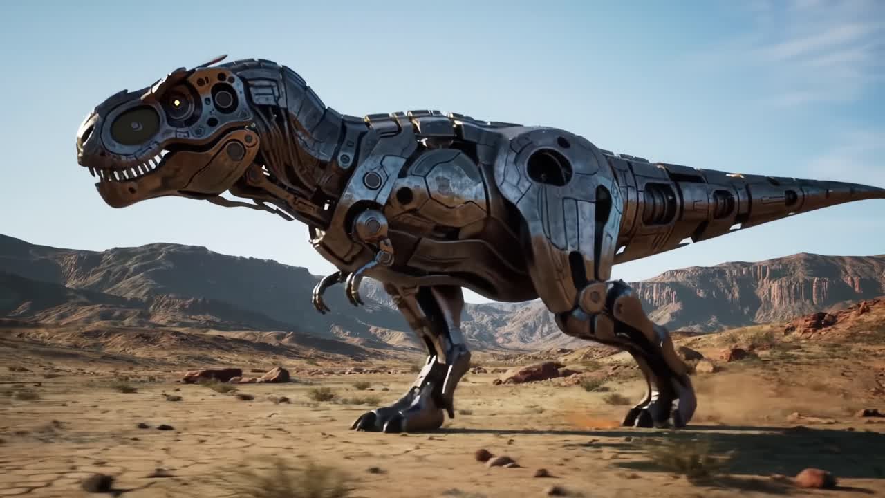A futuristic mechanical dinosaur traverses an arid landscape, showcasing a blend of advanced technology and ancient forms in a stunning realms of metal and motion