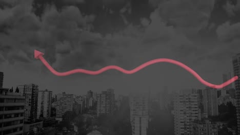 animation of red line and financial data processing over cityscape