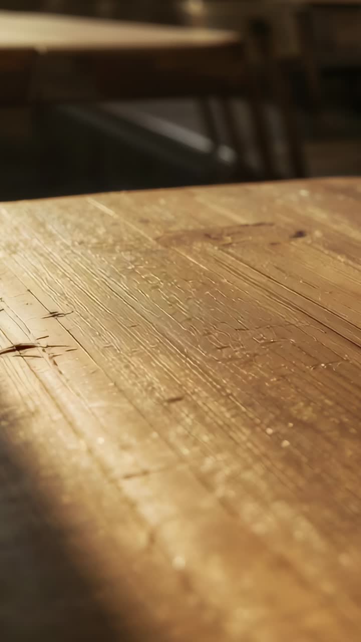 Video verticale: La telecamera si allontana rivelando un piano tavolo in legno in cucina, mostrando una gamba di sedia e una padella.