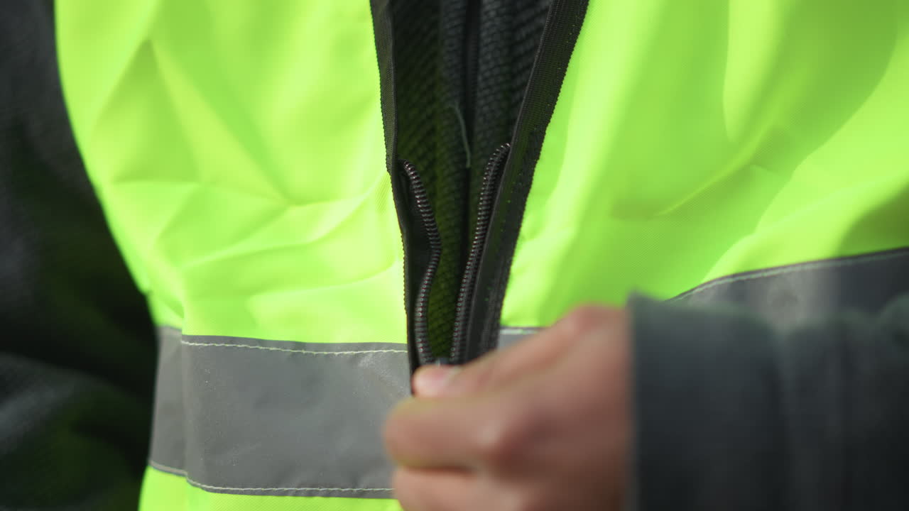 Person outdoors putting on bright neon green reflective safety vest in sunny park with bare trees, sunlight creating backlit effect, preparing for work or volunteer duty in open natural environment during daytime