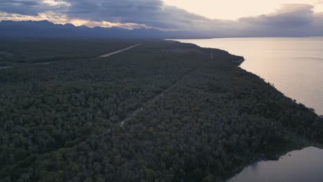 Bay-Scenery-in-Patagonian-Forest-Fagnano-Lake-Landscape,-Aerial-Trip-Above-Water-Forest-Idyllic-Destination-in-Tierra-del-Fuego,-Argentina-and-Chile-Travel-and-Tourism