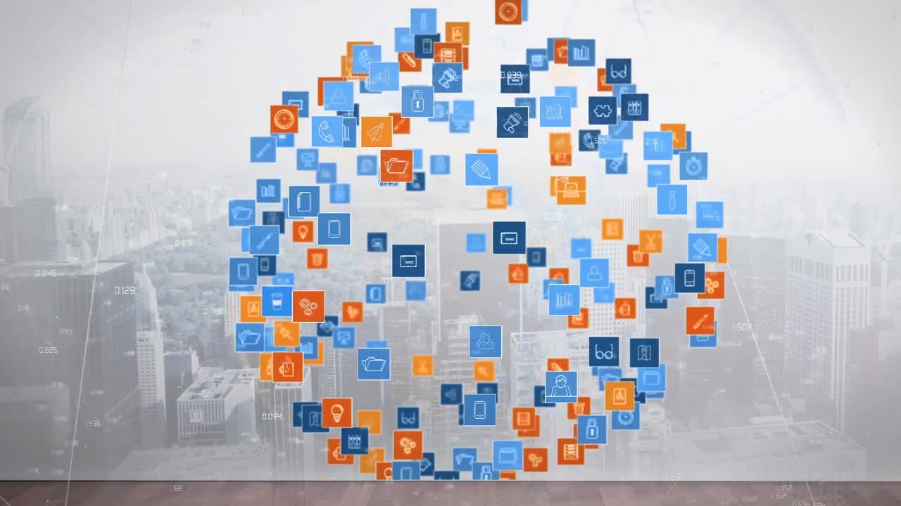 animación de la red de conexiones con iconos sobre el paisaje urbano