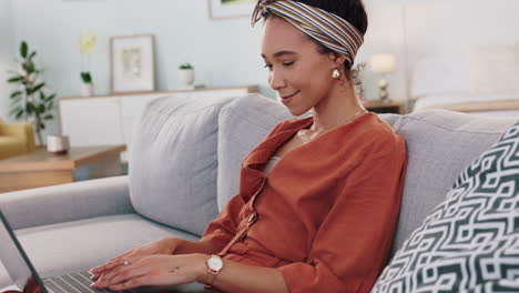 thinking, relax and laptop with woman in living