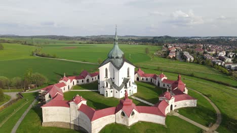 Aerial-Drone-footage-of-Pilgrimage-Church-of-Saint-John-of-Nepomuk-in-Zdar-nad-Sazavou,-Czech-republic