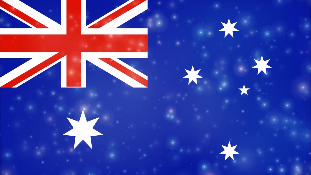Animated Australian flag background with glowing white particles drifting upward across a blue field.