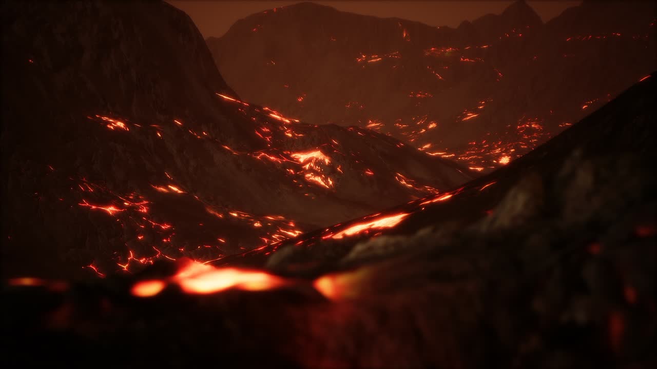 lava fundida roja y vibrante que fluye sobre un campo de lava gris y una tierra rocosa brillante