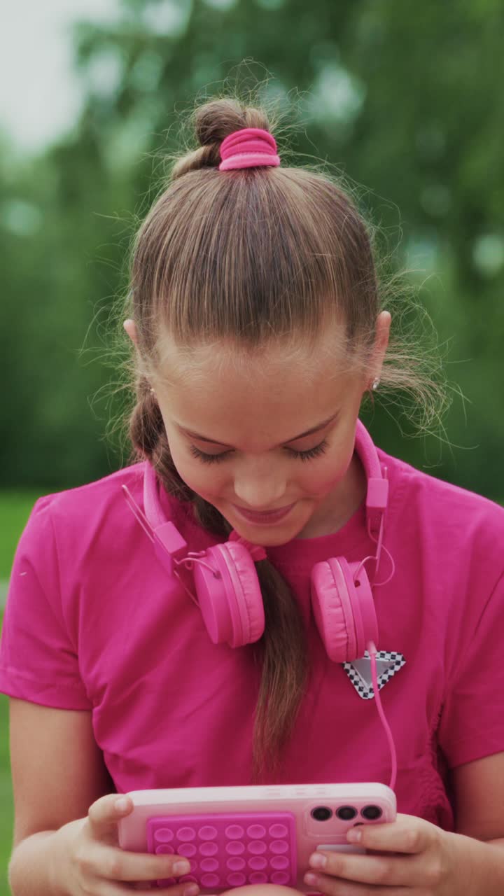 A young girl enjoys her time outdoors, wearing vibrant pink headphones and a matching outfit, while engrossed in playing on her mobile device in a lush green environment