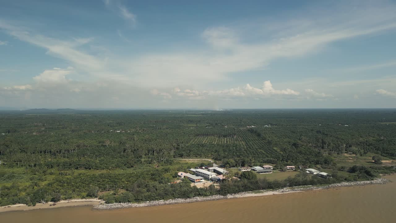 Aerial Drone View During Summer Alit Fishing Village,Kabong With, Facing Open Blue Sea, White Sandy Beach,Green Coconut, Palm Trees,And River,Sarawak,Borneo