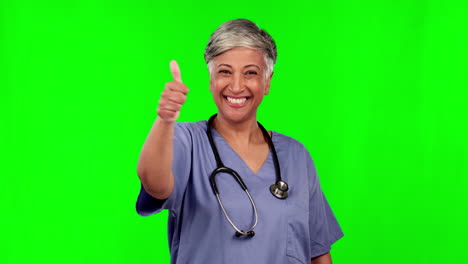 pulgares hacia arriba, mujer médico y pantalla verde