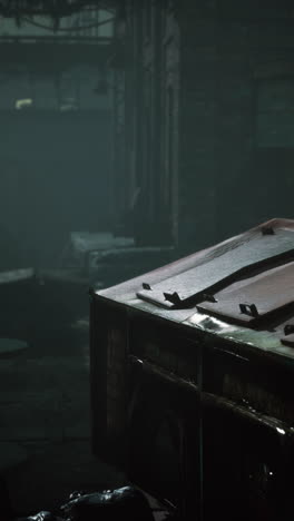 a dark and gloomy alleyway with a dumpster