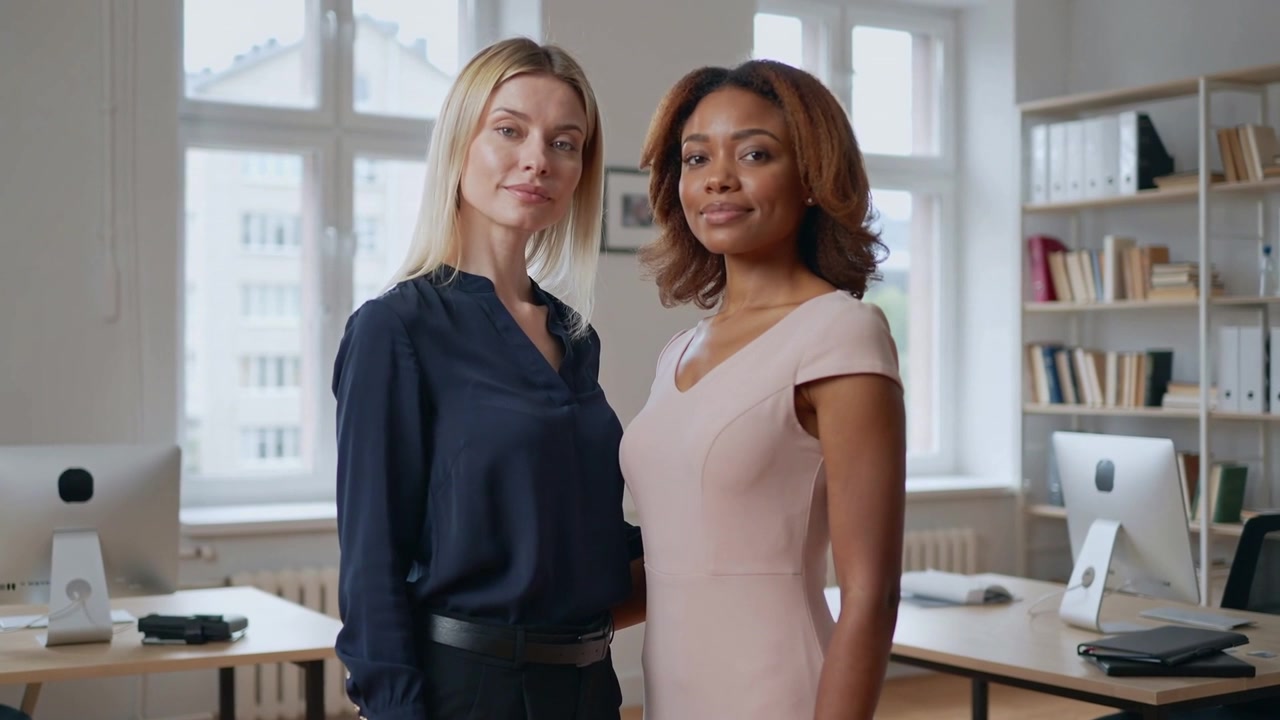 Reagendo all'inquadratura ravvicinata, due donne sorridono vicino ai computer, in abito rosa pallido e camicetta blu navy