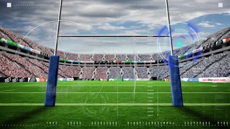 animation of scanner and processing data over rugby goalposts on pitch at stadium