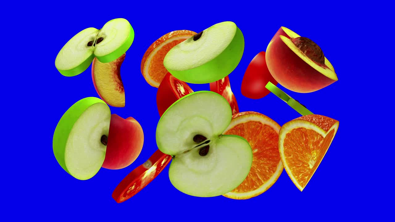 Fruit slices rotate on blue screen, bullet time, seamless loop, CG