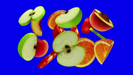 fruit slices rotate on blue screen, bullet time, seamless loop, cg