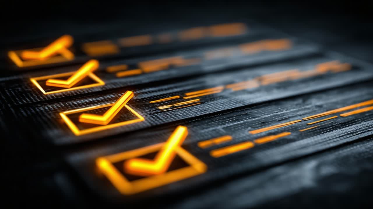 A Detailed Examination of Confirmation Marks Displayed on Textured Panels with Illuminated Checkboxes Completing a Task Management Visual Workflow