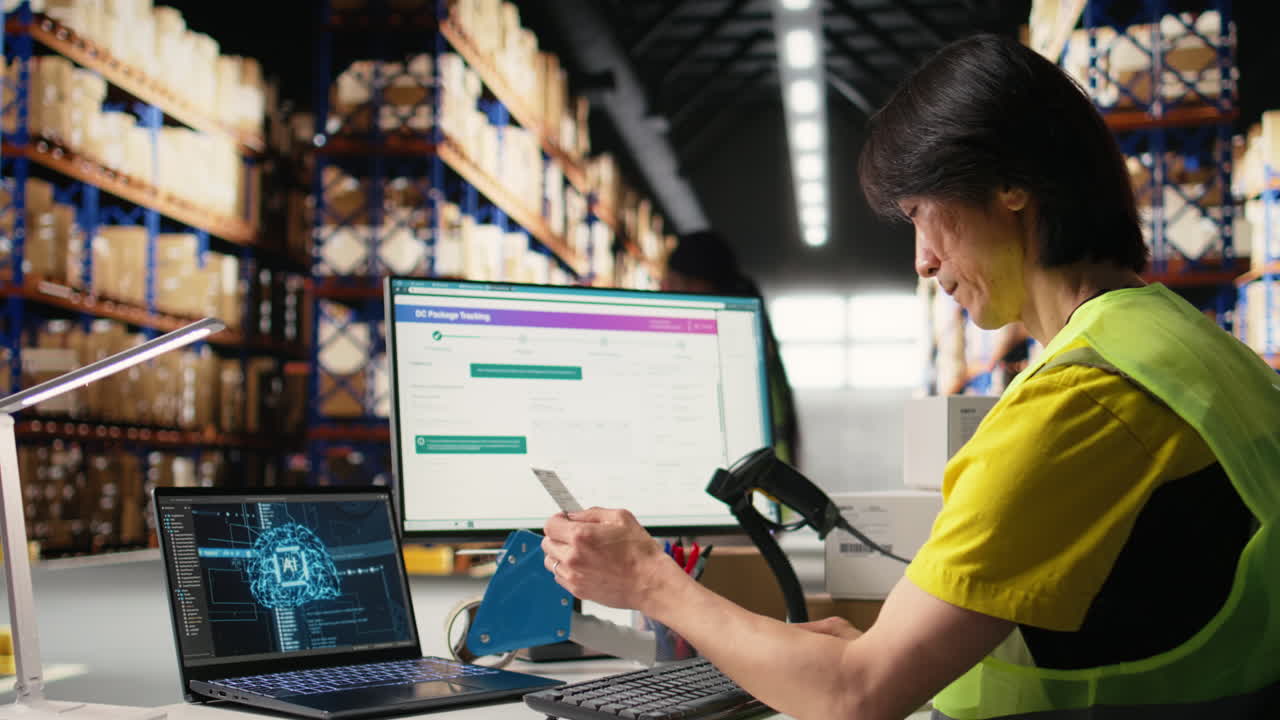 Vertical Video Asian warehouse worker uses AI virtual assistant to help manage inventory