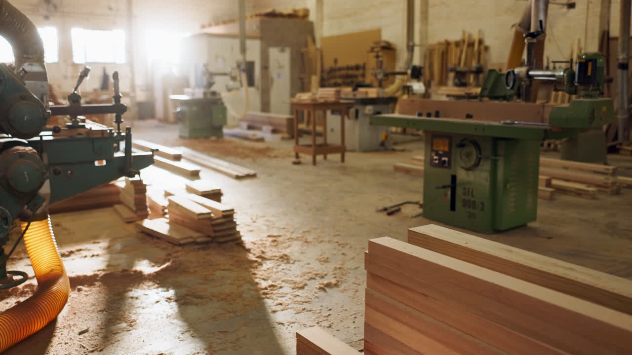 Woodworking workshop with lumber and machinery