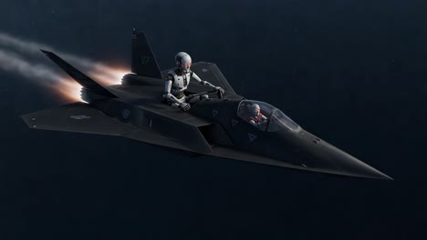 a futuristic black fighter jet with pilots in space, showcasing advanced aerodynamics and high-speed flight in a stellar background