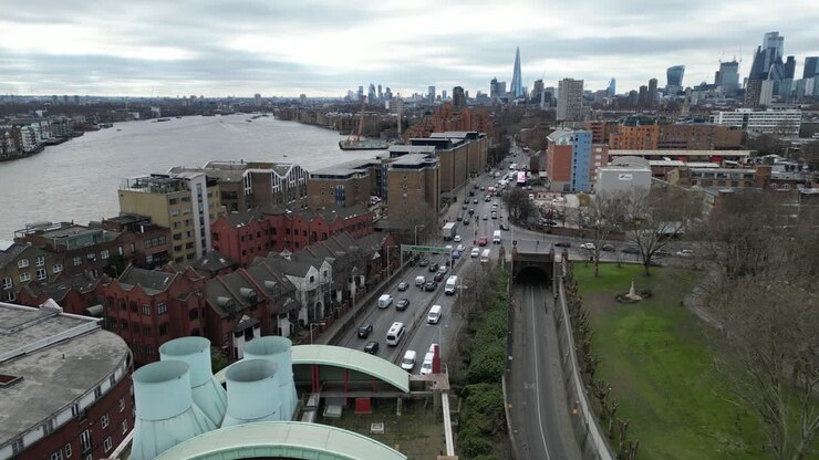 Highway in East London Limehouse tunnel Drone, Aerial, view from air, birds eye view