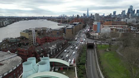 Highway-in-East-London-Limehouse-tunnel-Drone,-Aerial,-view-from-air,-birds-eye-view