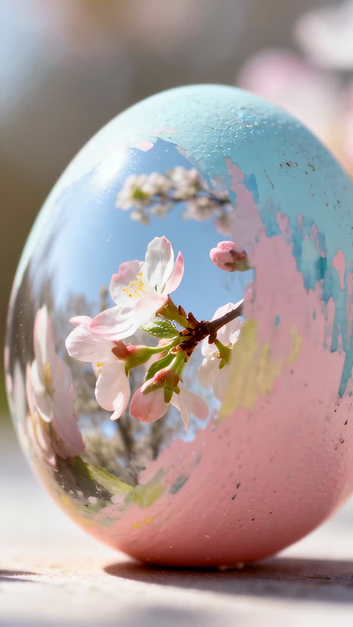 Vertical video: Panning camera showing painted egg on table, gloss oval highlighting cherry blossom